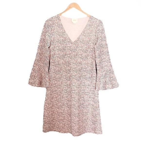 Maeve Dress Tweed Bell Sleeve Retro Sheath Cream & Red Mini Mod Dress Size Small - Picture 2 of 13